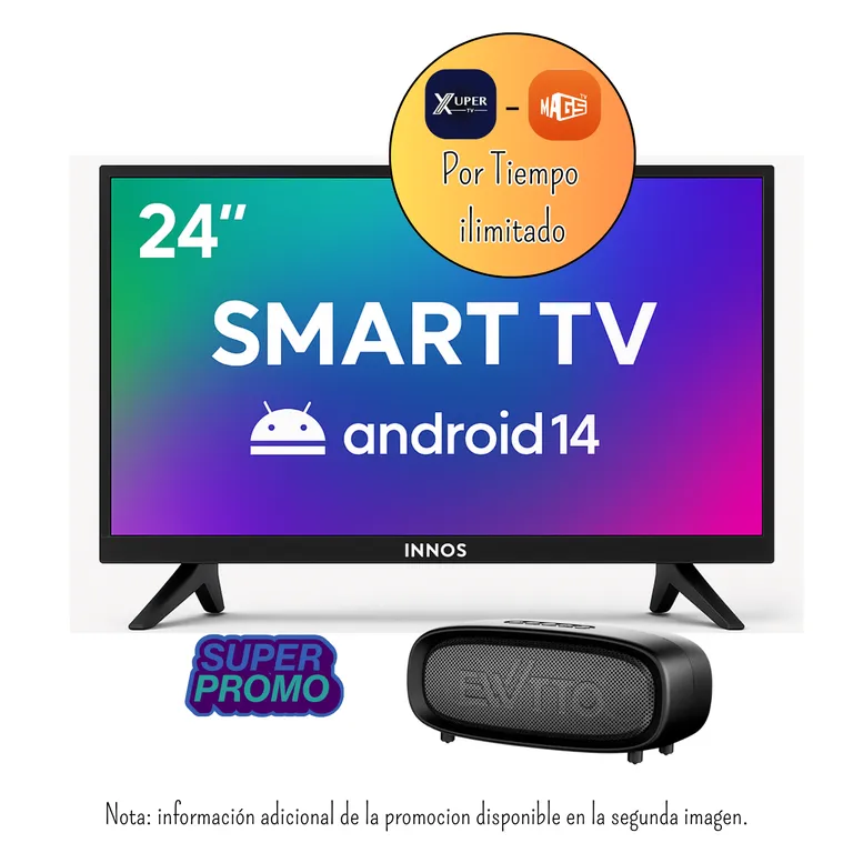 Televisor INNOS 24 Pulgadas Smart TV S2402KU + X*U*P*E*R Ilimitado + Parlante Ewtto 40W EW-P126BC