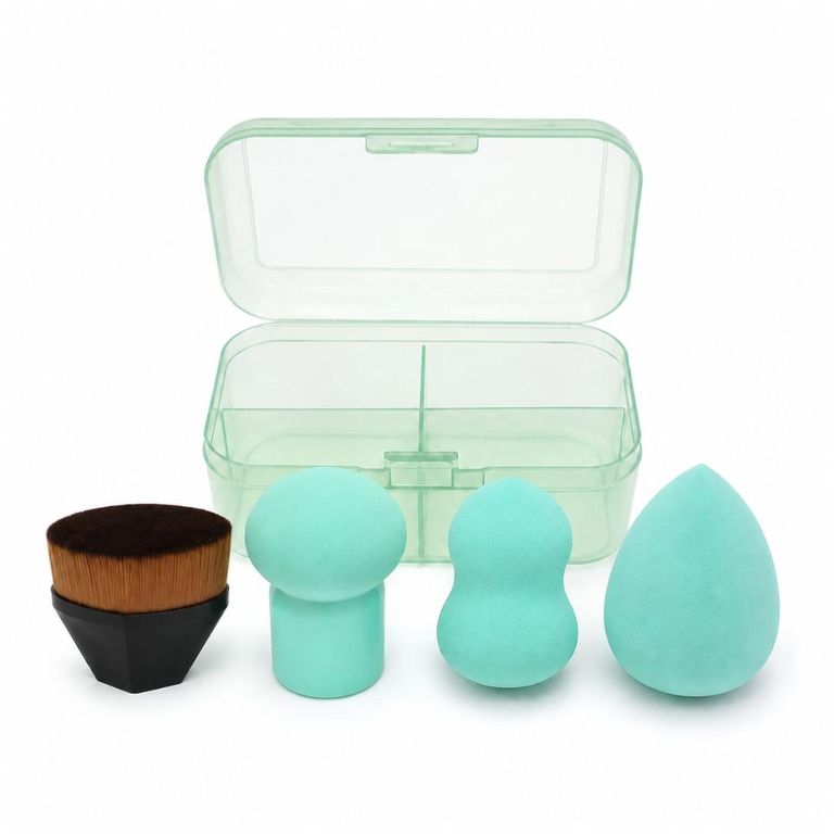 Set x4 Esponjas de Maquillaje con Brocha con Estuche Organizador Portátil