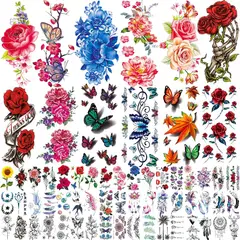 FLORES - Tatuajes Temporales Zomme 82 Hojas Mariposas Waterproof
