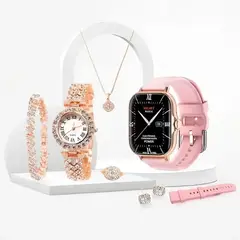 GENERICO - Smartwatch A58 PLUS Set Mujer 7 en 1 con Accesorios Dorados y Correas Intercambiables Rosado y Gris
