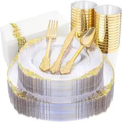 GENERICO - Set de Vajilla Plaastica Desechable Dorada Transparente Nervure 175PCS
