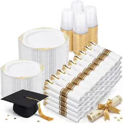 GENERICO - Vajilla Plastica Nervure 700PCS Blanco Dorado para 100
