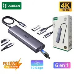 UGREEN - Hub Adaptador 6 en 1 Tipo C HDMI 4K 60Hz, RJ45 Ethernet , Type C para MacBook Pro Laptop