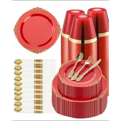 ROJA - Vajilla desechable Goodluck 350pcs Borde Dorado 50