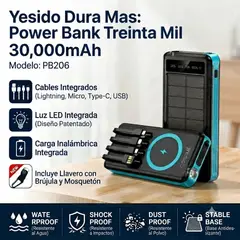 YESIDO - Power Bank Solar 30000mAh con Cables Integrados, Carga Rápida y Linterna LED