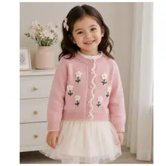 GENERICO - Cardigan coreano Tejido Infantil Rosa Blossom Garden con Flores 3D y Volantes