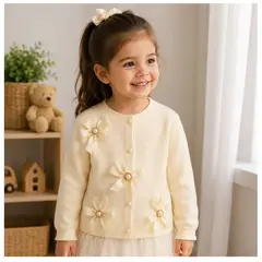 GENERICO - Cardigan coreano Infantil Perla Bloom para Niña Tejido Suave con Flores Decorativas y Cómodo