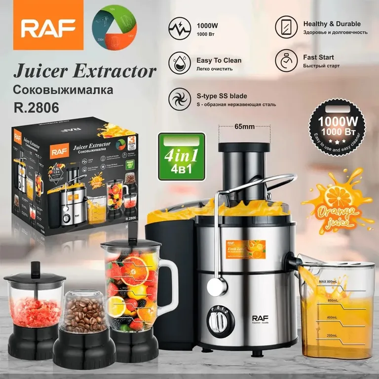Extractor de Jugos Multifuncional RAF R.2806 4 en 1 1000W con Licuadora y Picadora
