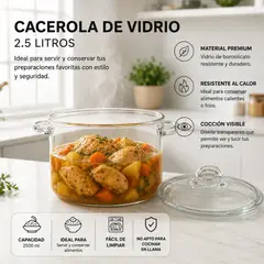 GENERICO - Cacerola Redonda de Vidrio Borosilicato Olla con Tapa Vidrio 2.500 ML