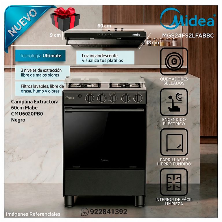 Cocina a Gas 24" 4 Quemadores Negra MGS24FS2LFABBC