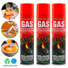 DRAGON - Pack 3 Gas Butano Ultra Refinado de 500ml para Recargar Soplete de Cocina