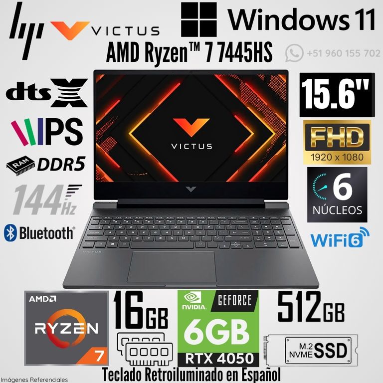 Laptop Victus Gaming 15-FB3022LA AMD Ryzen 7 7445HS 16GB RAM 512GB SSD RTX 4050-6GB 15.6" FHD