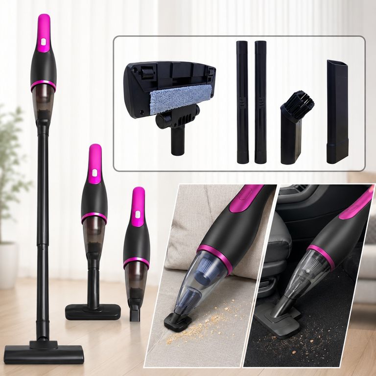 ASPIRADORA INALÁMBRICA MULTIFUNCIONAL 3 EN 1 RECARGABLE CON LUZ UV COLOR FUCSIA