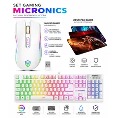 MICRONICS - Kit Gamer 3 en 1: Teclado Neon + Mouse Kripton Inalambrico + Pad Mouse