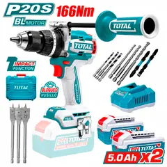 TOTAL - Taladro Atornillador Percutor 1 / 2'' TIDLI201668 20V 166Nm 2Bat x 5Ah Brushless + Accesorios