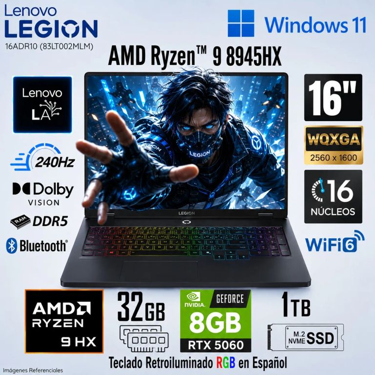 Laptop Legion Pro 5 16DR10 16" 240Hz AMD Ryzen 9-8945HX 32GB RAM 1TB RTX 5060 8GB 83LT002MLM