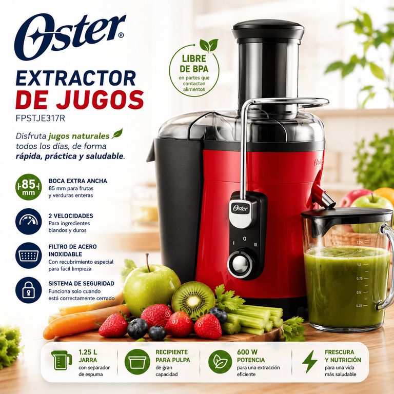 Extractor de Jugos FPSTJE317R 600W con Boca Extra Ancha, 2 Velocidades y Jarra de 1.25 L