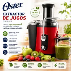 OSTER - Extractor de Jugos FPSTJE317R 600W con Boca Extra Ancha, 2 Velocidades y Jarra de 1.25 L