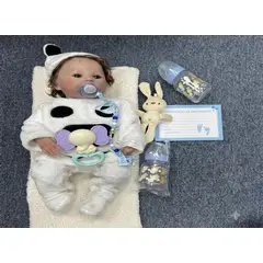 GENERICO - Muñeco Bebé Reborn Realista Despierto - Set Pijama de Panda Afelpada con Gorrito y Accesorios