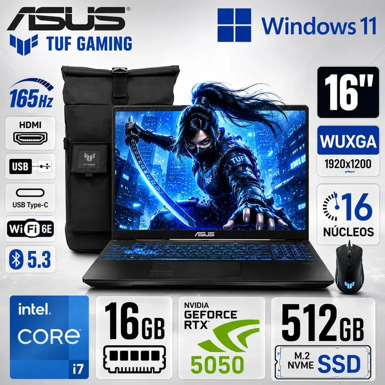 Laptop Gamer TUF F16 Core i7 16GB 512GB SSD RTX 5050 8GB 16" 165Hz FX608JH-RV314