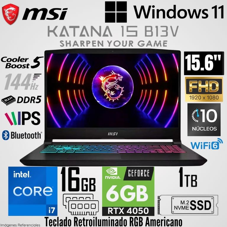 Laptop Katana B13VEK-1675US Intel Core i7-13620H 16GB RAM 1TB SSD RTX 4050-6GB 15.6" FHD 144 Hz