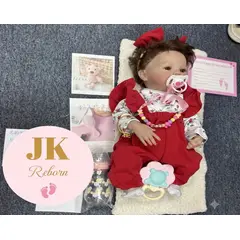 GENERICO - Muñeca Bebé Reborn Realista Despierta - Set Overol Rojo con Blusa Floral, Diadema y Pulsera Dorada