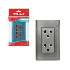 OPALUX - Tomacorriente Metálico Universal Doble 2 Polos + Línea a Tierra 15A 125–250V AC OP-S26