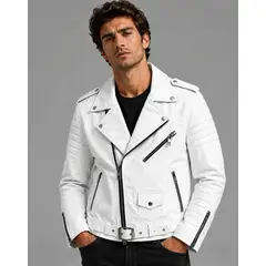 GENERICO - Casaca Biker Para Hombre De Cuero Vacuno Color Blanco