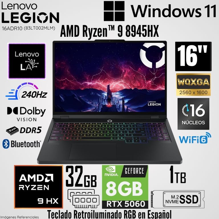 Laptop Legion Pro 5 16ADR10 AMD Ryzen 9 8945HX 32GB RAM 1TB SSD RTX 5060-8GB 16" WQXGA 240 Hz