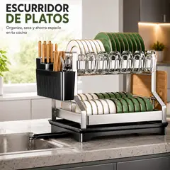 GENERICO - Escurridor de Platos de 2 Niveles Acero Inoxidable Organizador de cocina con Porta Cubiertos
