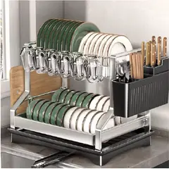 GENERICO - Escurridor de Platos de 2 Niveles Acero Inoxidable Organizador de cocina con Porta Cubiertos