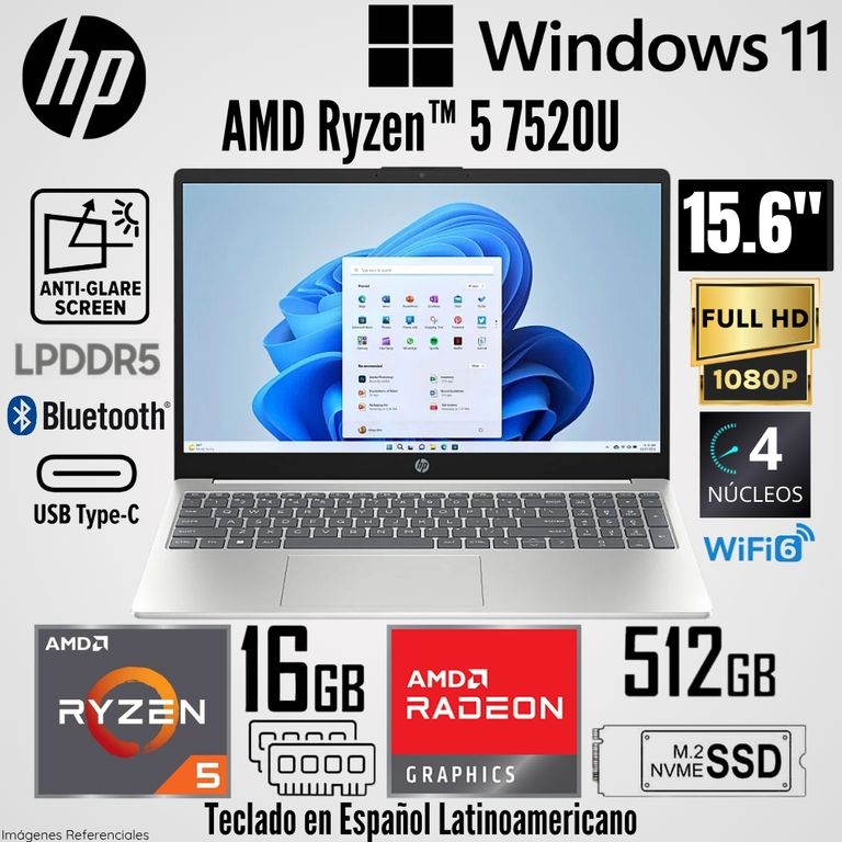 Laptop 15-FC0256LA AMD Ryzen 5 7520U 16GB RAM 512GB SSD 15.6" FHD - B9TP9LA