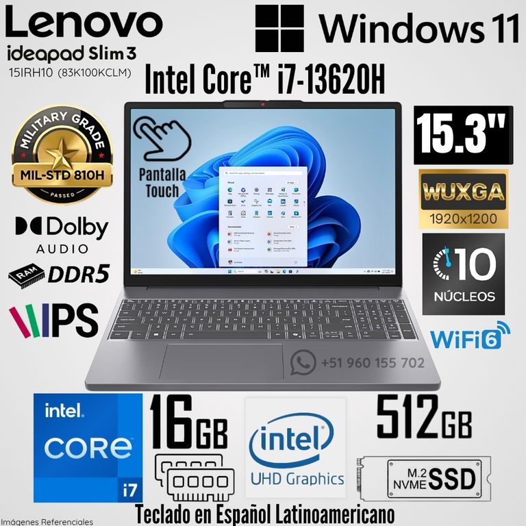 Laptop IdeaPad Slim 3 15IRH10 16GB RAM 512GB SSD 15.3" WUXGA Táctil - 83K100KCLM