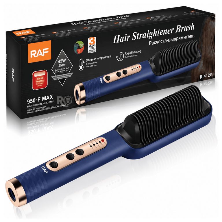 Cepillo Alisador Eléctrico RAF R.412G Con Placa Cerámica 45W Control De Temperatura Azul