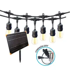 OPALUX - Luces Guirnalda 7.5 Metros 15 Focos 220V con Control Remoto, Enchufe y Panel Solar Extensión Total 10 metros