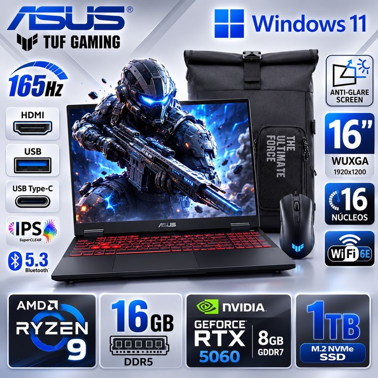 Laptop TUF A16 AMD Ryzen 9 8940HX RAM 16 GB 1 TB RTX5060 8GB 16" WUXGA Windows 11 HOME