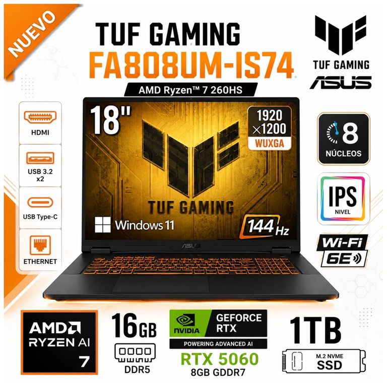 Laptop Gamer TUF 18" FHD+ AMD Ryzen 7 260 16GB 1TB SSD GeForce RTX 5060 WIN 11