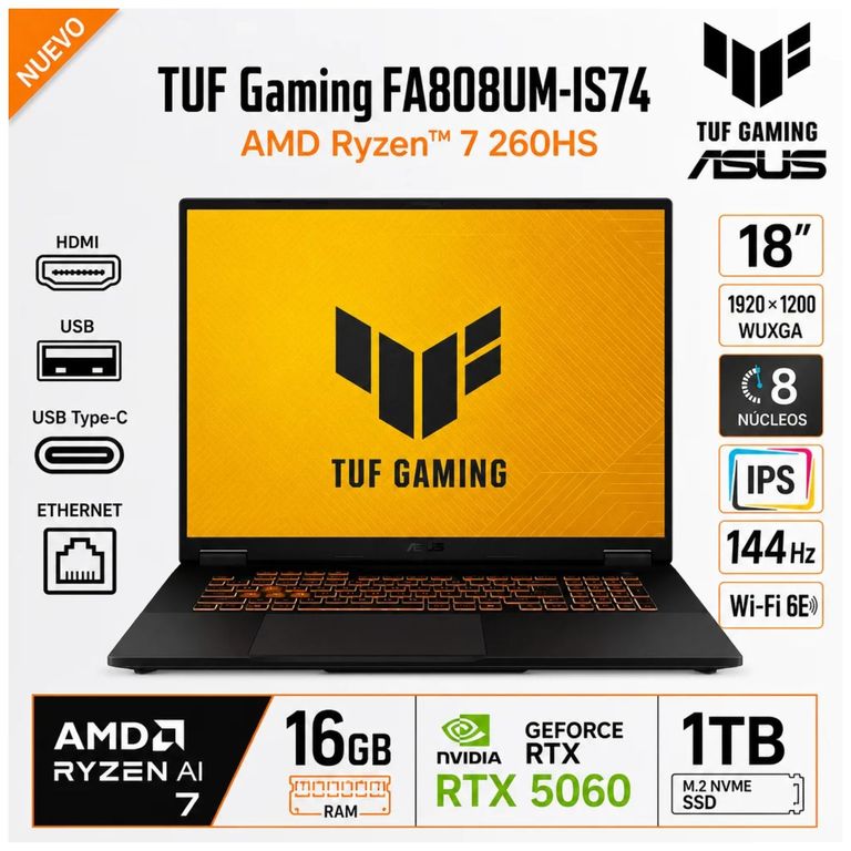Laptop Gamer TUF A18 FA808UM-IS74 18″ AMD Ryzen 7 260 16GB RAM 1TB SSD RTX 5060 W11
