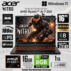 ACER - Laptop Gamer Nitro V16 Ryzen AI 7 16GB 1TB SSD RTX 5060 8GB 16" 180Hz  ANV16-61-R0YW