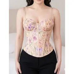 GENERICO - Top Corset de Tiras con Estampado Floral para Mujer - Beige