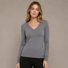 MARTINELA - Chompa Mujer Manga Larga Cuello V Llana - Gris
