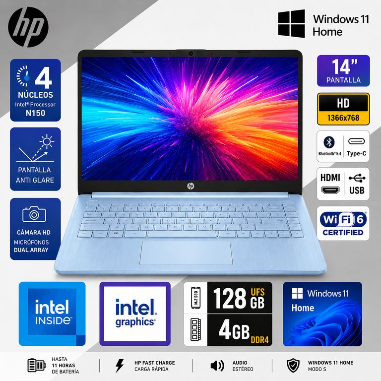 Laptop 14 Intel N150 4GB 128GB UFS 14" HD Windows 11 Home Wi-Fi 6 Sky Blue 14-dq6102dx