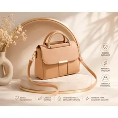 GENERICO - Cartera Bandolera Mujer con Asa Metálica Dorada y Correa Desmontable- Beige