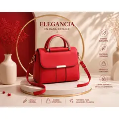GENERICO - Cartera Bandolera Mujer con Asa Metálica Dorada y Correa Desmontable- Roja