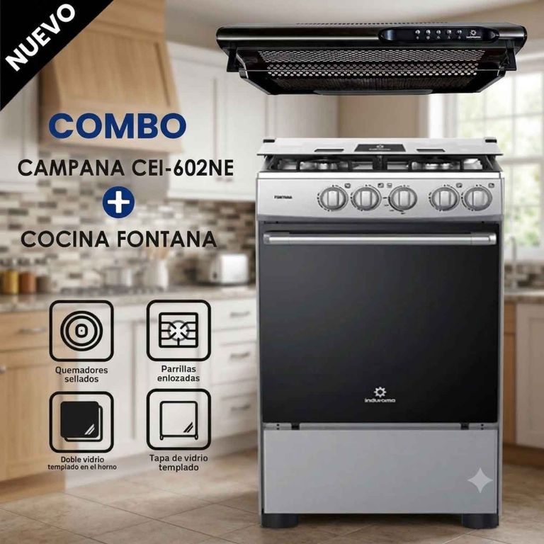 Cocina FONTANA a Gas de 4 Hornillas Gris + Campana CEI-602NE - Negro