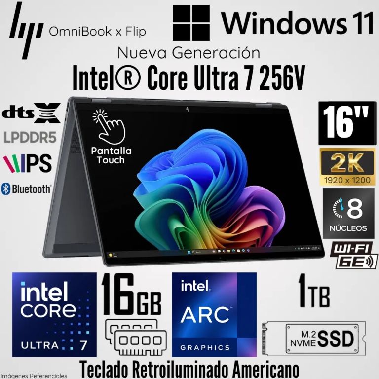 Laptop OmniBook X Flip 2 en 1 16-AS0023DX Intel Core Ultra 7 256V 16GB RAM 1TB SSD 16" 2K Táctil