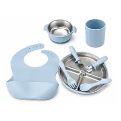 GENERICO - Set de Alimentación de Acero Inoxidable para Bebé con Vaso de Silicona CELESTE / CELESTE
