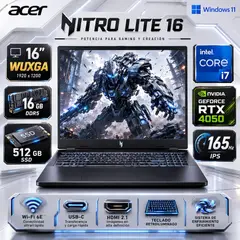 ACER - Laptop Nitro Lite NL16-71G i7-13620H 16GB 512GB RTX4050 16 WUXGA Black