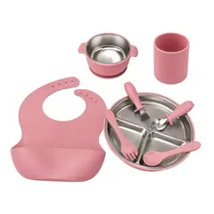 GENERICO - Set de Alimentación de Acero Inoxidable para Bebé con Vaso de Silicona ROSADO