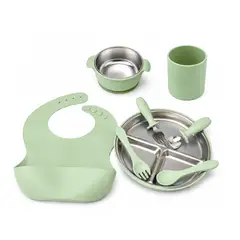 GENERICO - Set de Alimentación de Acero Inoxidable para Bebé con Vaso de Silicona VERDE